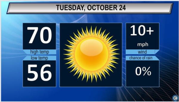 Tues: High of 24°C, Sunny 2025